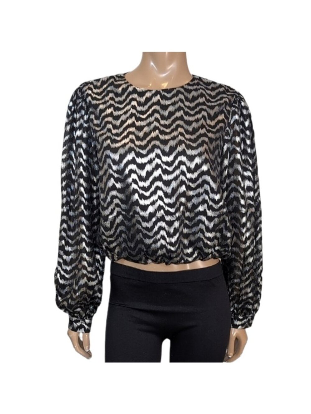INA [i:na] Metallic Balloon Sleeve Blouse Silver Zig Zag Cropped Party Top